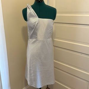 Banana Republic, light blue and white satin striped one shoulder dress. 6